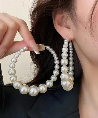 Classy White Pearl Big Hoop Earring